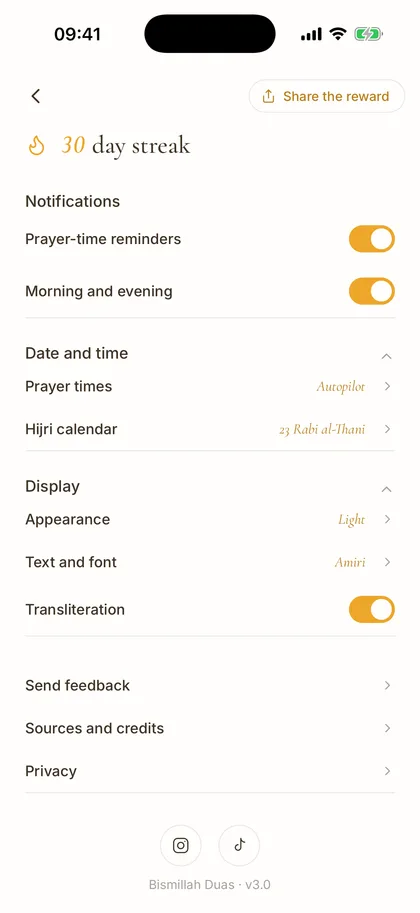 The You page: a 30-day streak, prayer-time reminders and display settings